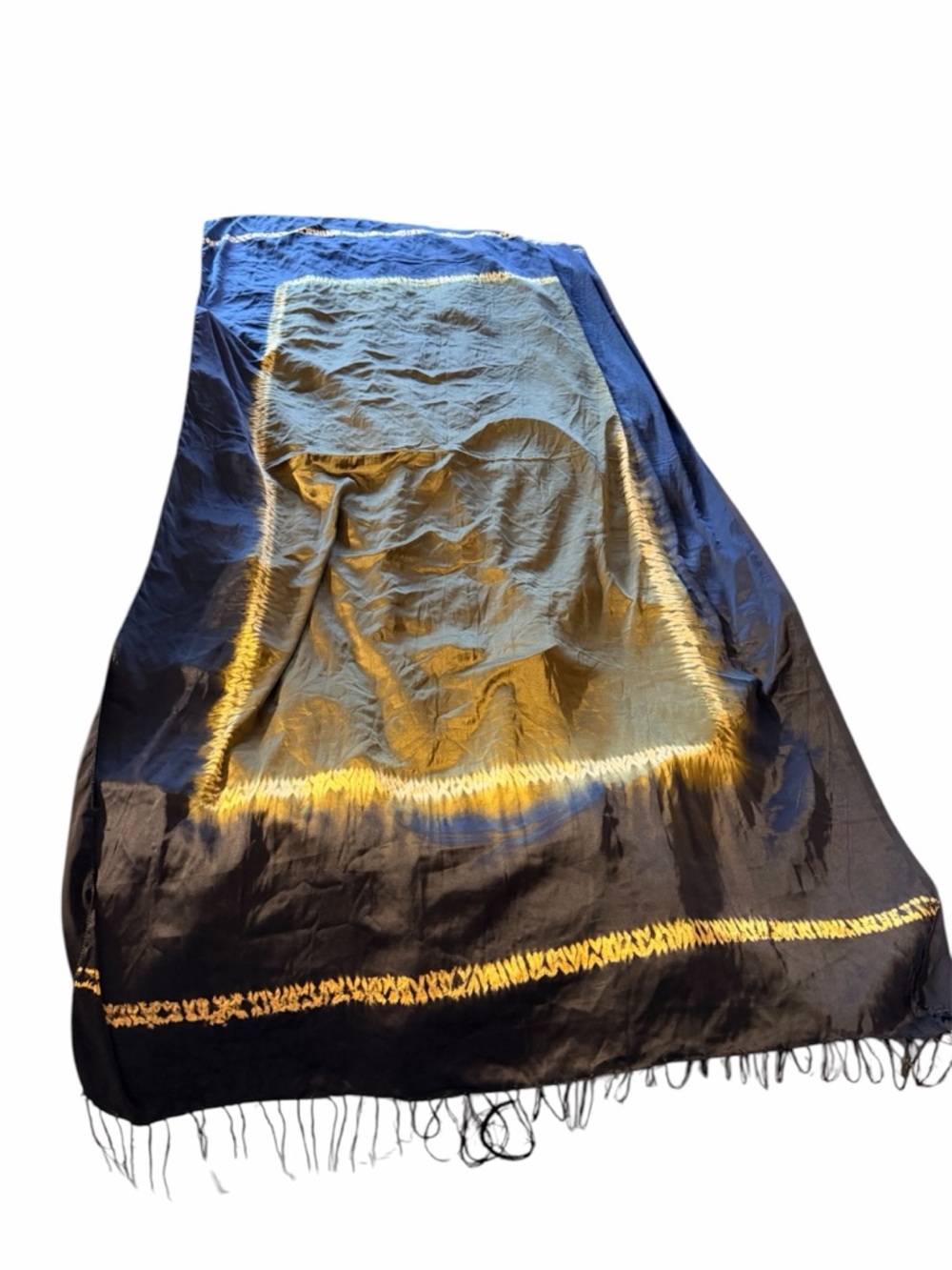 Vintage Black Shawl with Gold Tie-Dye Panel Silky  72x38"